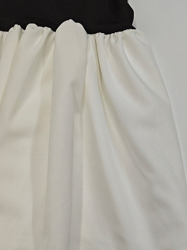 Contrast Color Pleated Split-Joint A-Line Flared Sleeves Round-Neck Mini Dresses