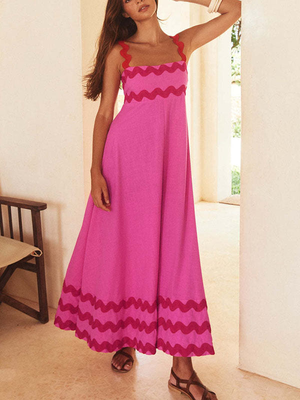 Contrast Color Zipper A-Line High Waisted Square-Neck Midi Dresses