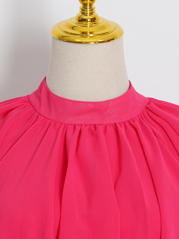 Solid Color Tiered Loose Raglan Sleeve Stand Collar Maxi Dresses