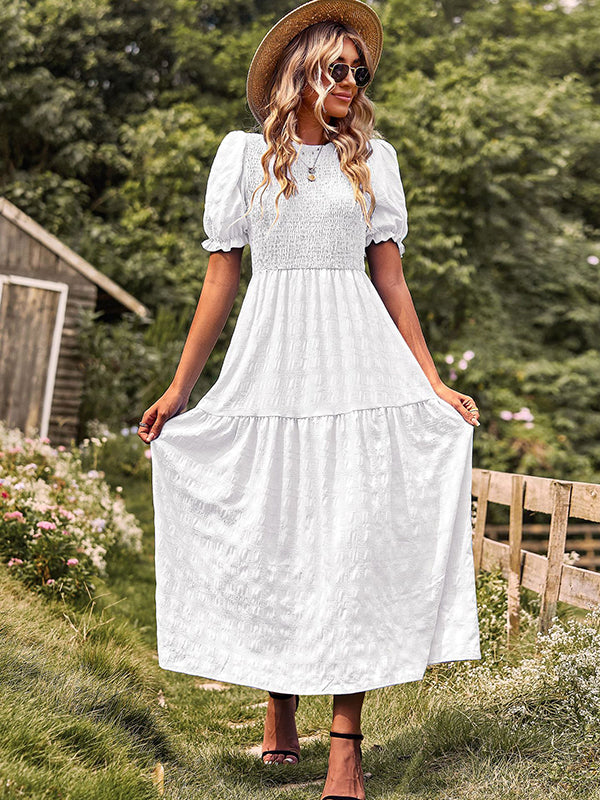 Bohemia Loose High Waisted Solid Color Round-Neck Maxi Dresses