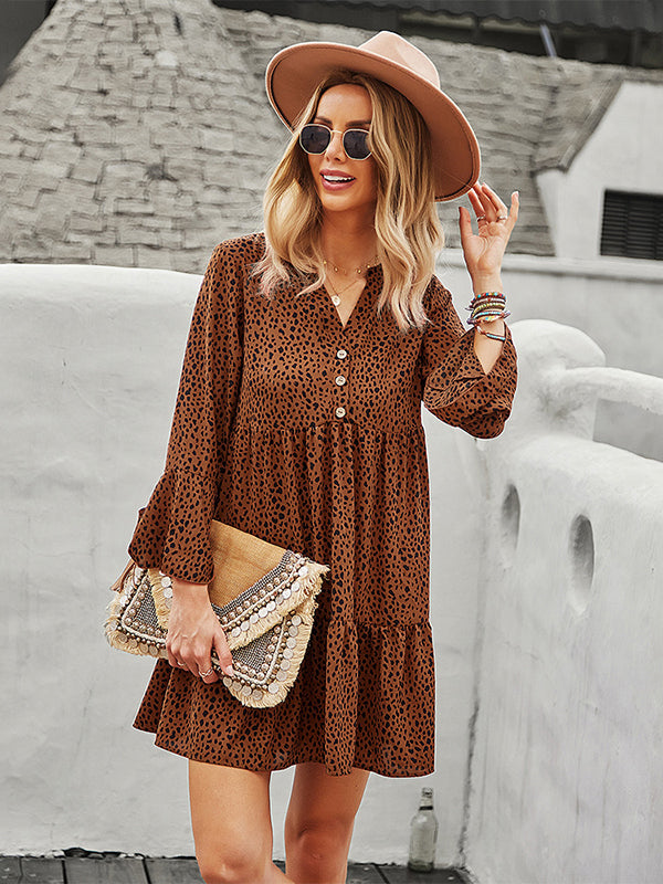 V-Neck Polka Dot Long Flare Sleeves Mini Dress