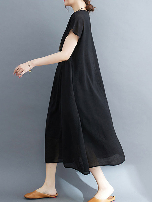 Solid Color Split-Joint Loose Short Sleeves Round-neck Midi Dresses