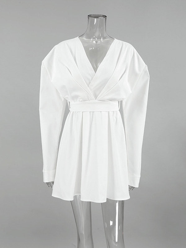 Pleated Solid Color Split-Joint Tied Waist Long Sleeves Loose V-Neck Shirt Dress Mini Dresses