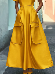 Pockets Solid Color Short Sleeves Stand Collar Maxi Dresses