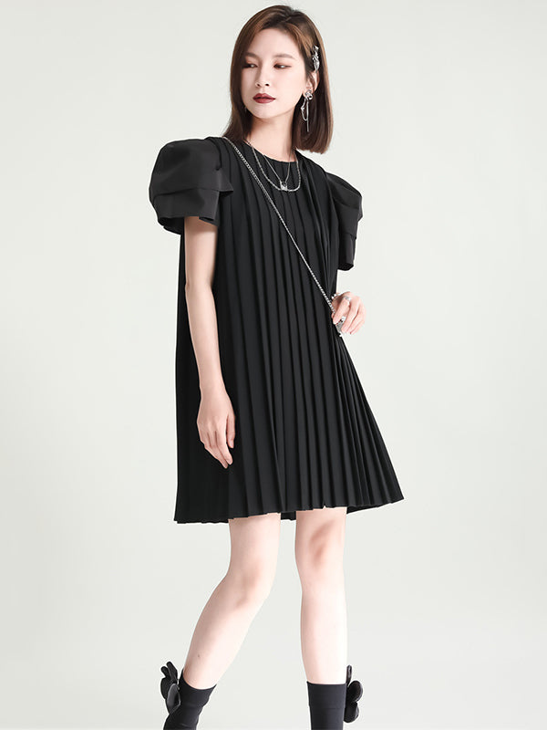 Urban Puff Sleeves Split-Joint Black Pleated Mini Dress