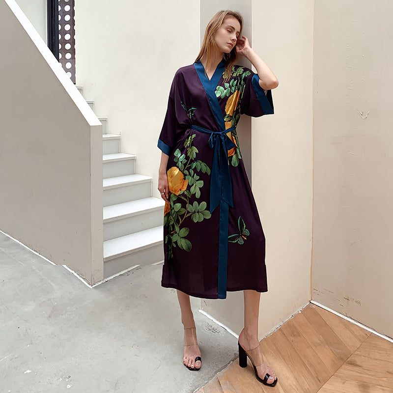 Purple Light Luxury Silky Satin Kimono Robe