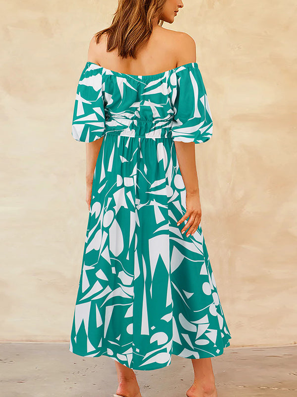 Contrast Color Elasticity Pleated Pockets Printed A-line Espadrilles Off-the-shoulder Midi Dresses