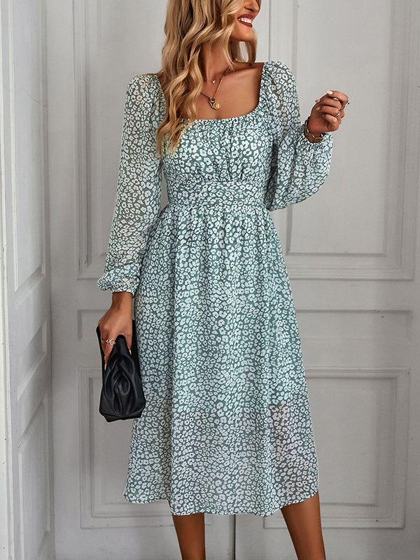 Vacation Loose Long Sleeves Floral Printed U-Neck Midi Dress