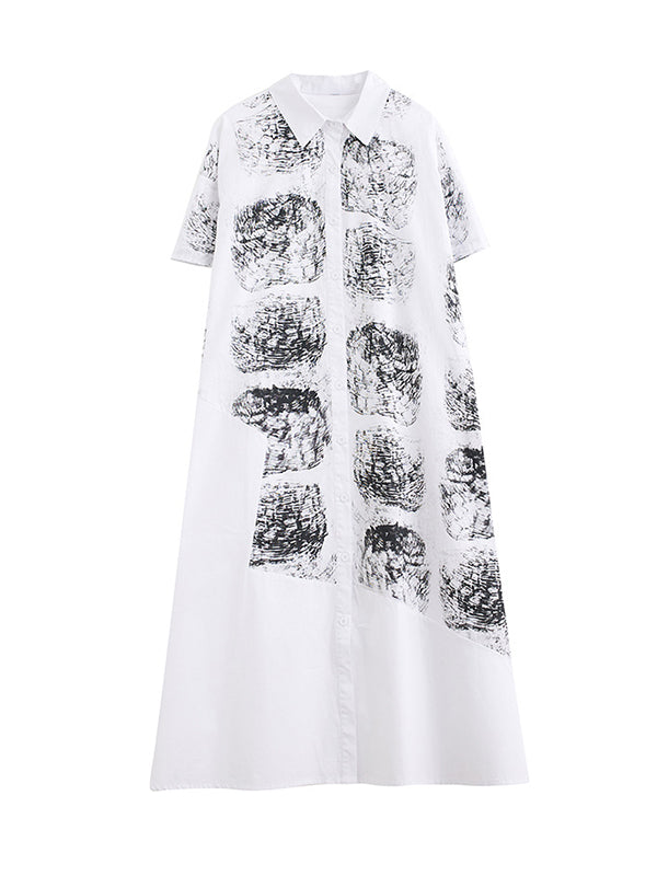 Abstract Printed Loose Short Sleeves Lapel Shirt Dress Midi Dresses
