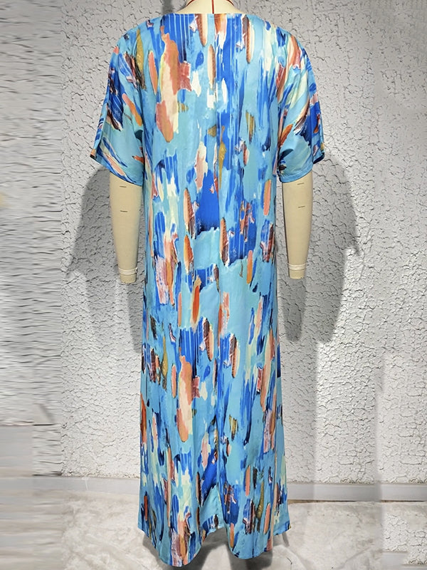 Contrast Color High-Waisted Printed Loose Short Sleeves V-neck Maxi Dresses