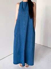 Pockets Solid Color Tied A-Line Loose Round-Neck Maxi Dresses