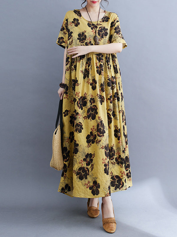 Pleated Printed Split-Joint Loose Short Sleeves Round-Neck Midi Dresses