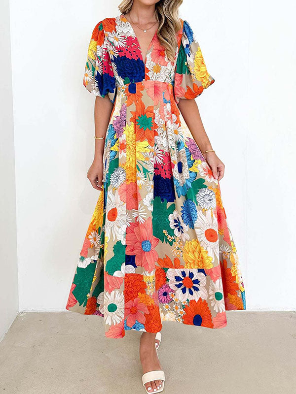 Flower Print Pleated Split-Joint Zipper A-line High Waisted V-neck Maxi Dresses