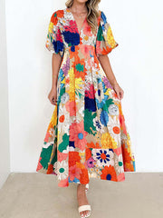 Flower Print Pleated Split-Joint Zipper A-line High Waisted V-neck Maxi Dresses