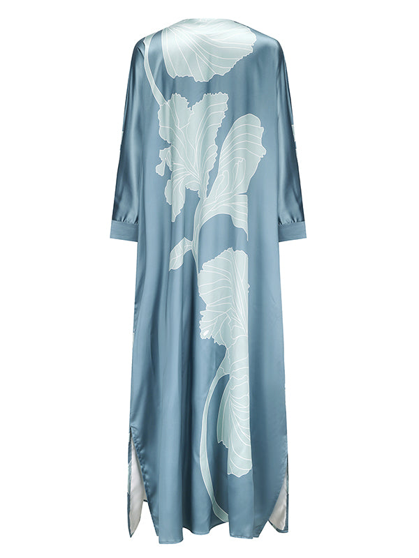 Long Sleeves Buttoned Contrast Color Flower&Leaves Print Muslim V-Neck Maxi Dress