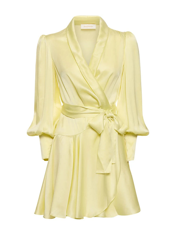 Solid Color Ruffled Long Sleeves Satin Elegant Mini Dresses