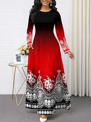 Contrast Color Floral Printed Long Sleeves Round-neck Maxi Dresses