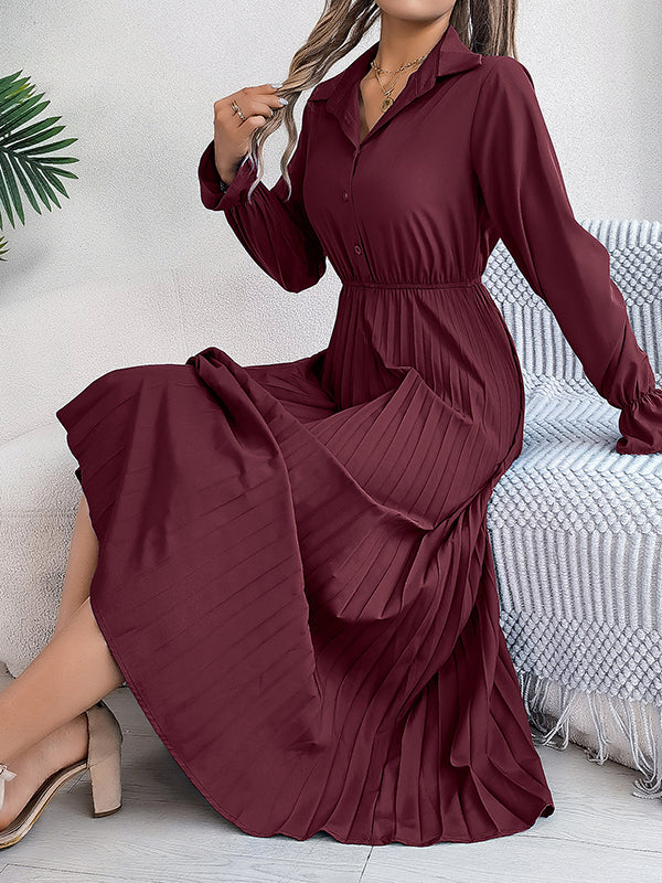 Buttoned Elasticity Pleated Solid Color A-Line Flared Sleeves Lapel Maxi Dresses