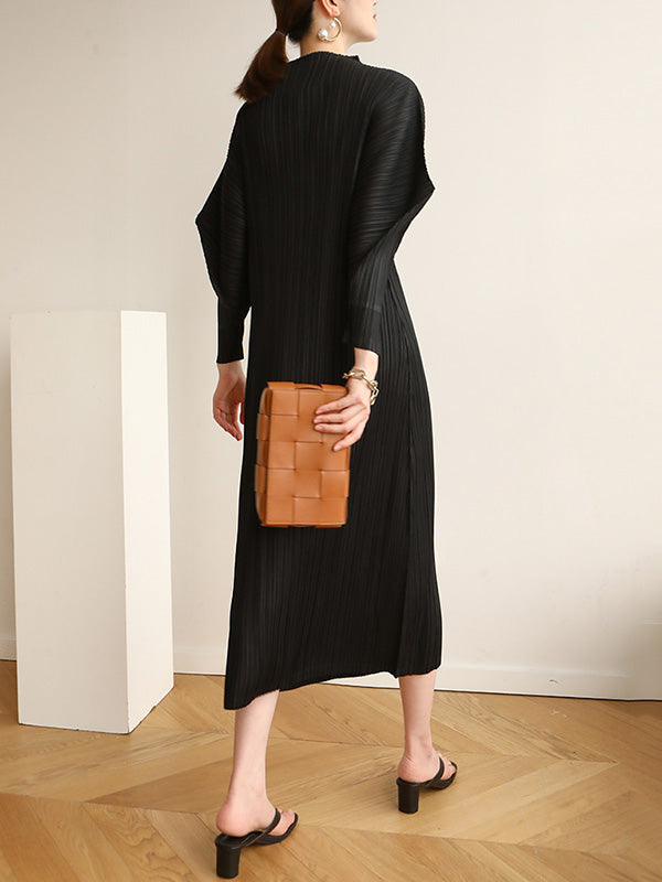 Original Creation Loose Long Sleeves Pleated Solid Color High-Neck Midi Dresses