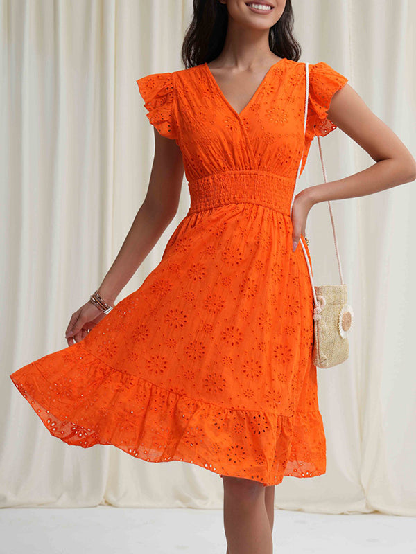 Elasticity Hollow Pleated Solid Color A-Line Loose V-Neck Mini Dresses