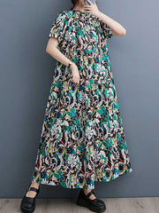 Printed Split-Joint A-Line Loose Stand Collar Midi Dresses