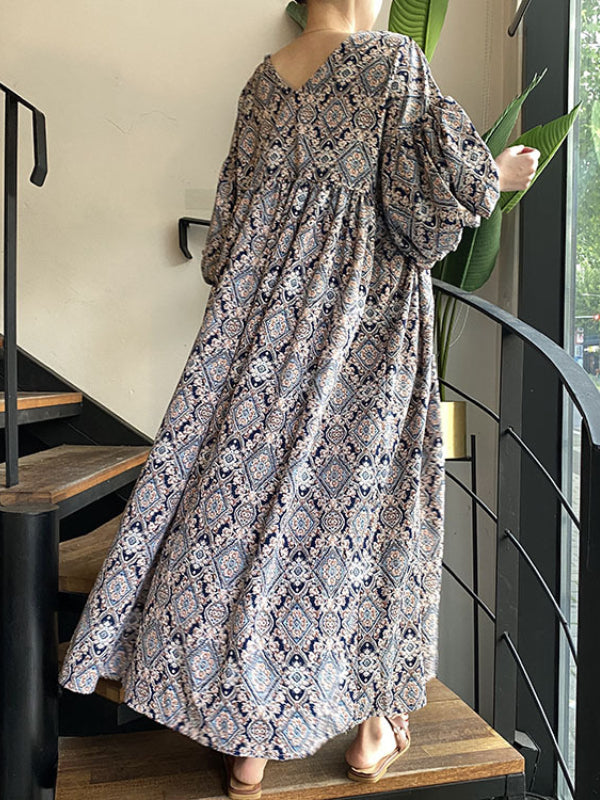 Vintage Floral Printed V-Neck Pleated Puff Sleeves Midi Dress