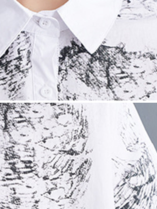 Abstract Printed Loose Short Sleeves Lapel Shirt Dress Midi Dresses