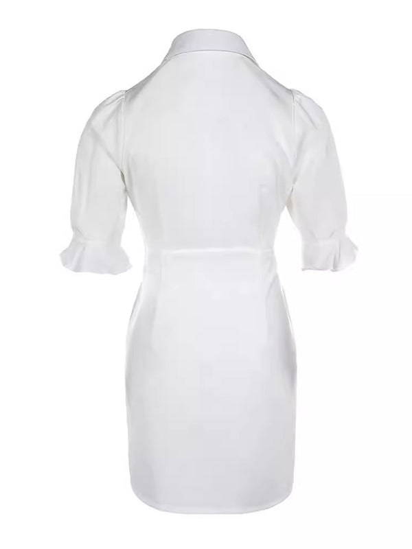 Solid Color Split-Joint Puff Sleeves Short Sleeves Lapel Shirt Dress Mini Dresses