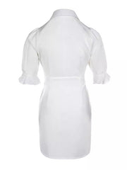 Solid Color Split-Joint Puff Sleeves Short Sleeves Lapel Shirt Dress Mini Dresses