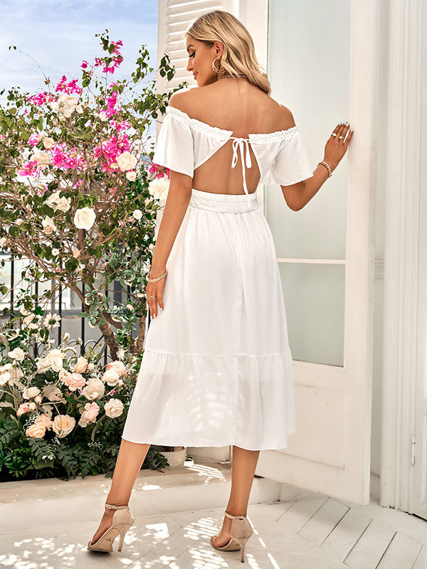 Vacation Short Sleeves A-Line Solid Color One-Shoulder Midi Dress