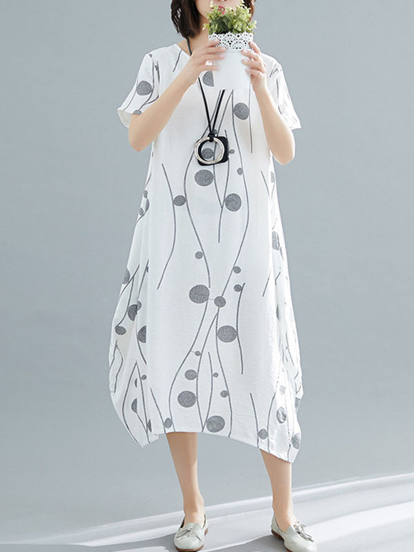 Printed Loose Short Sleeves Round-neck Midi Dresses