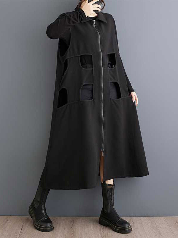 Hollow Solid Color Zipper Loose Sleeveless Lapel Midi Dresses