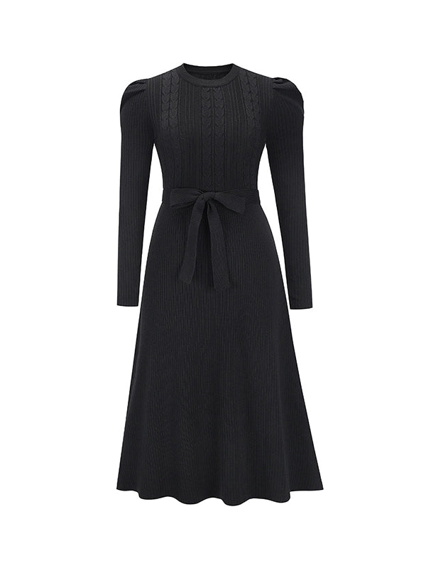 Solid Color Tied Waist High Waisted Long Sleeves Round-Neck Sweater Dresses Midi Dresses