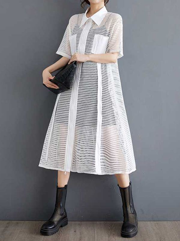 Hollow Solid Color Split-Joint Zipper Half Sleeves Loose Lapel Shirt Dress Midi Dresses