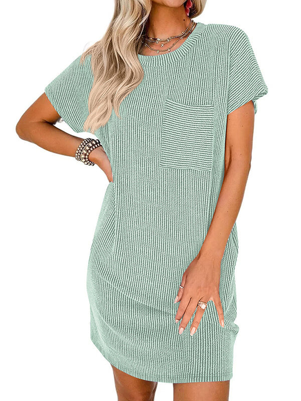 Contrast Color Pockets Split-Joint Striped A-Line Loose Round-Neck Mini Dresses