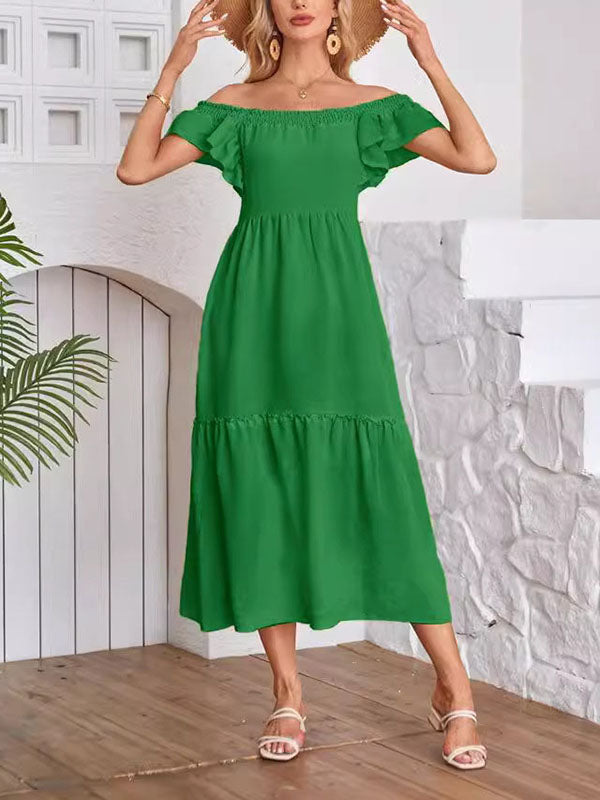 Elasticity Pleated Ruffled Solid Color Split-Joint A-Line Loose Off-The-Shoulder Midi Dresses