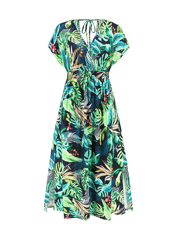 Hollow Lace-Up Printed Split-Joint Loose Short Sleeves V-Neck Midi Dresses