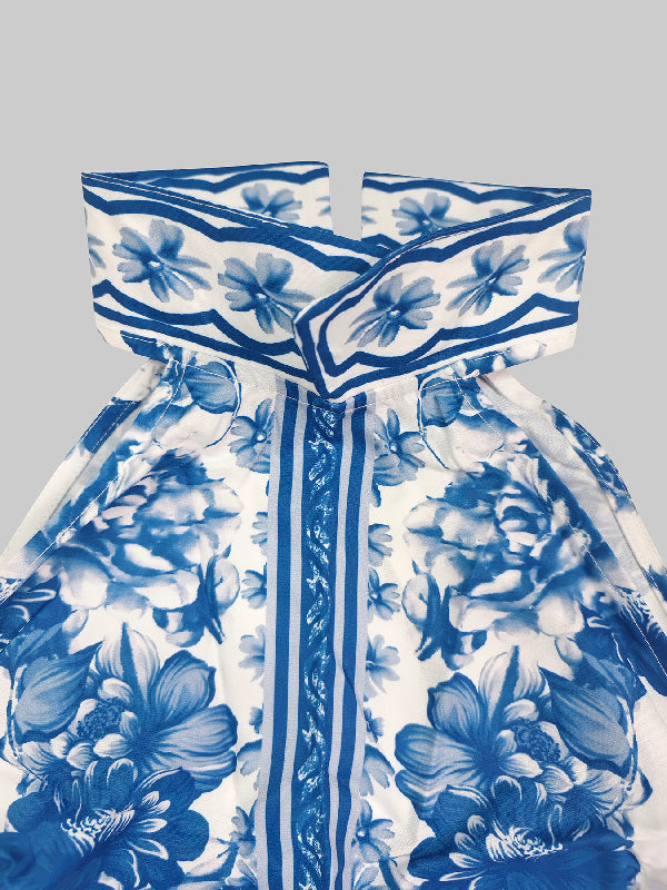 Flower Print Split-Joint A-line Loose Lapel Maxi Dresses