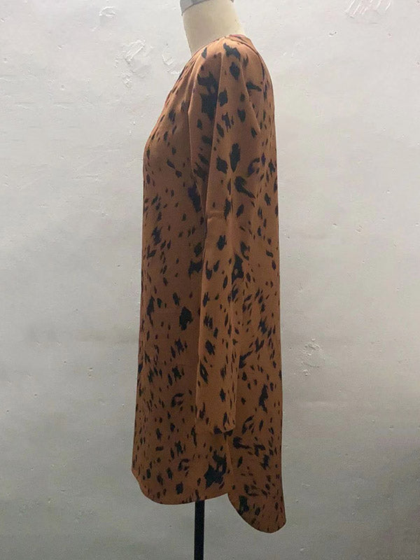 Leopard High-Low Long Sleeves V-Neck Mini Dresses