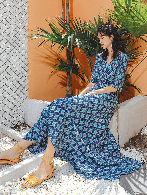 Vacation A-Line Half Sleeves Lace-Up Plaid V-Neck Maxi Dress