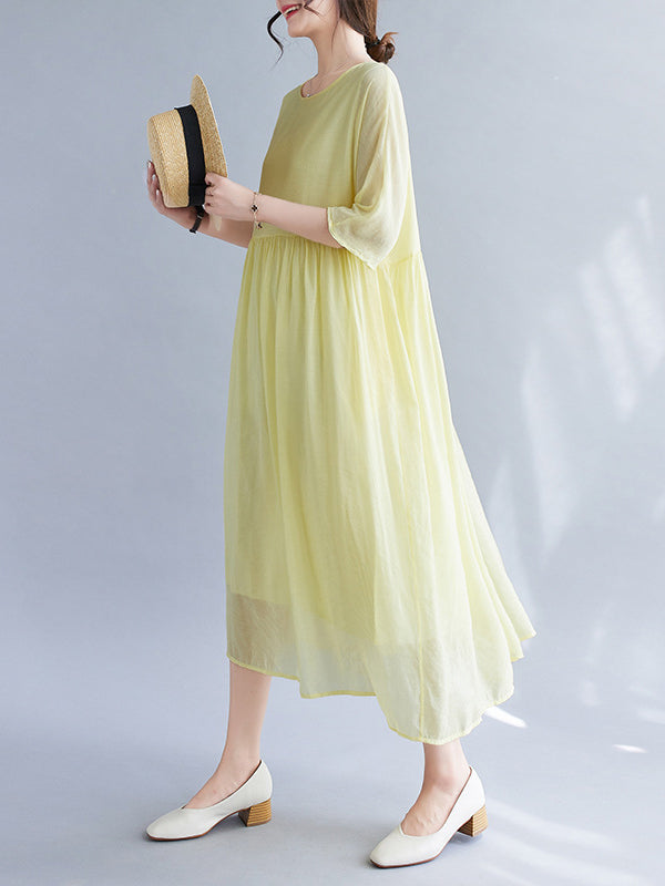 Pleated See-Through Solid Color Split-Joint Loose Short Sleeves Round-Neck Midi Dresses