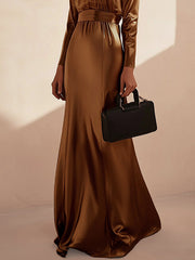 Long Sleeves Loose Pleated Shiny Solid Color Split-Joint Tied Waist High Neck Evening Dresses Maxi Dresses