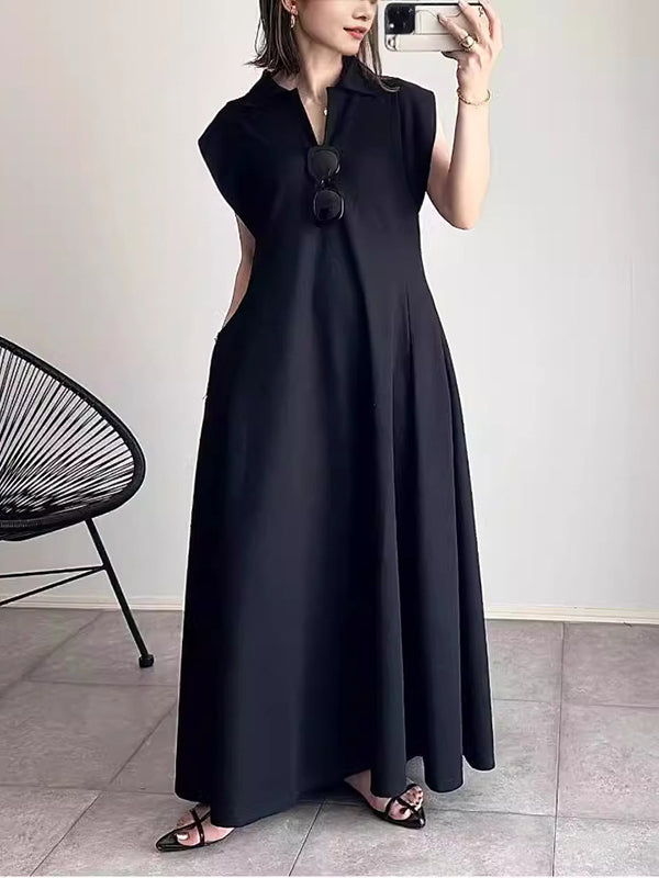Pleated Solid Color Loose Raglan Sleeve Lapel Maxi Dresses