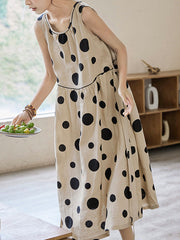Contrast Color Pleated Polka-Dot Split-Joint Tied Waist Loose Sleeveless Round-Neck Midi Dresses