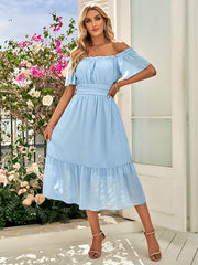 Vacation Short Sleeves A-Line Solid Color One-Shoulder Midi Dress