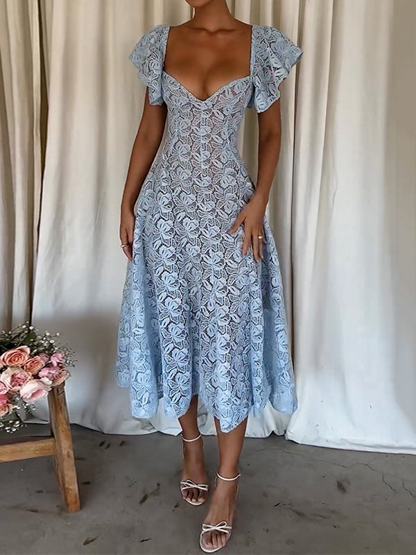 Flower Lace Ruffled Sleeves Elegant Maxi Dresses
