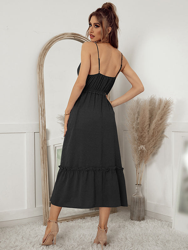 Vacation A-Line Solid Color V-Neck Dress
