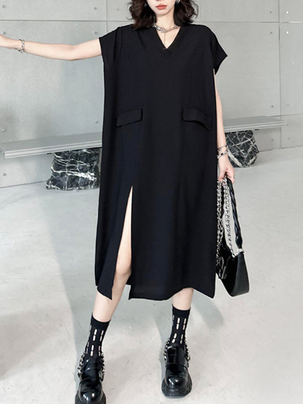 Asymmetric Solid Color Split-Joint Split-Side Loose Short Sleeves V-Neck Midi Dresses