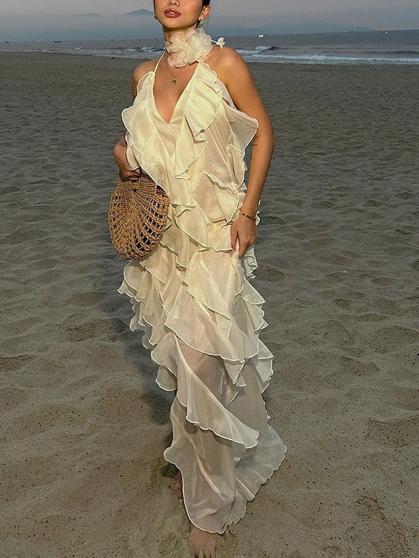 Backless Mesh Ruffle Trim See-Through Split-Side Tied Loose Sleeveless Halter-Neck Maxi Dresses