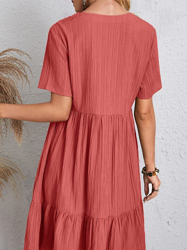 Pleated Solid Color Split-Joint A-line Loose V-neck Mini Dresses